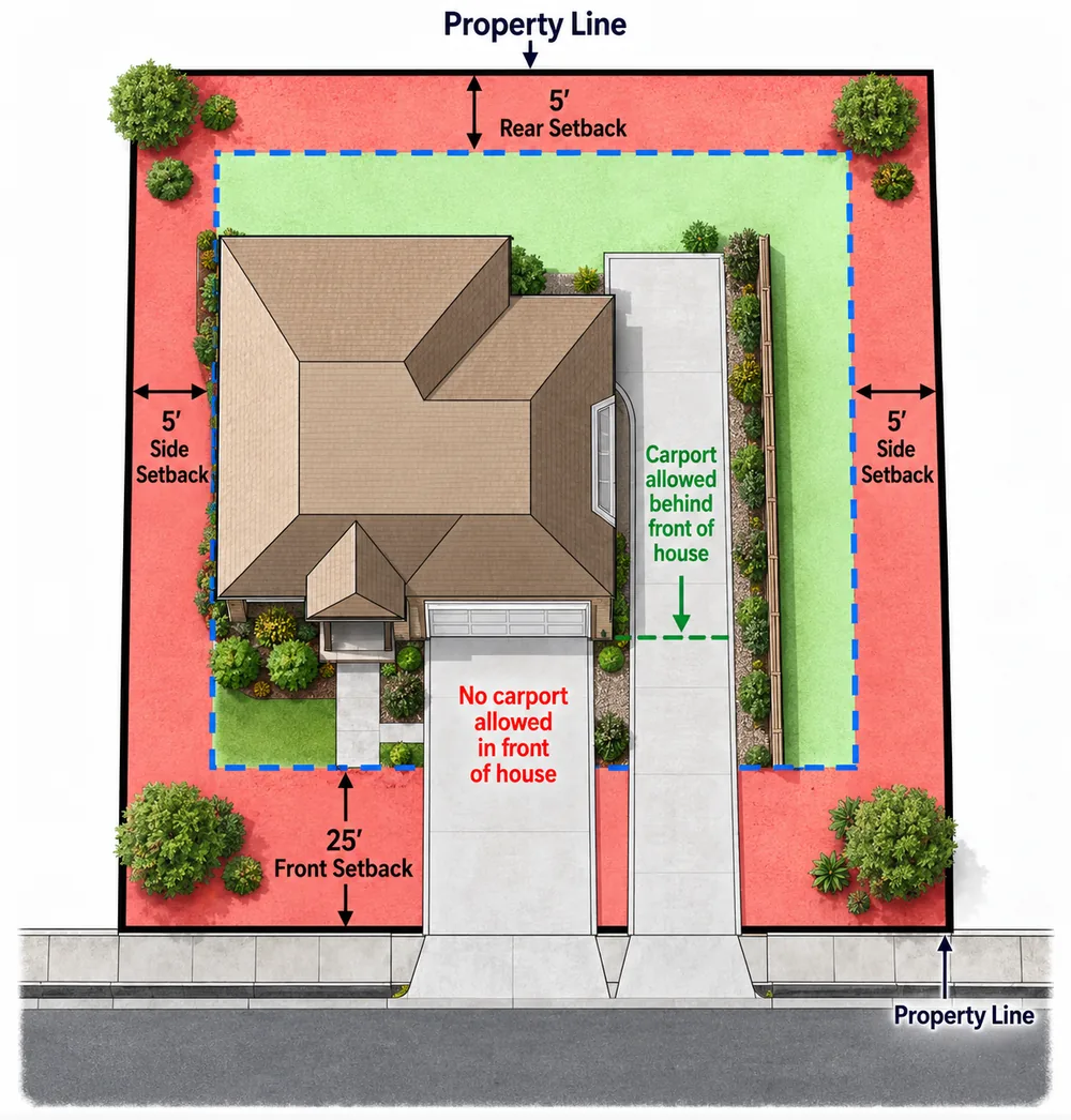Diagram of a residential lot showing a 25-foot front setback, 5-foot side and rear setbacks, no carport allowed on the driveway in front of the house, and a carport allowed on the side driveway behind the front of the house