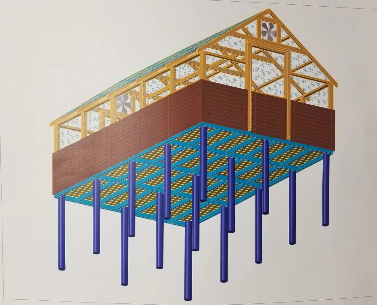 3D design drawing of a custom greenhouse showing pier footings, floor framing, cedar knee wall, and gable roof framing