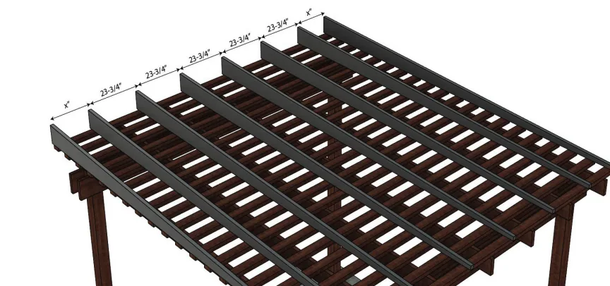 Angled view of an alternative shim layout on a pergola, spaced to match the roof panel width